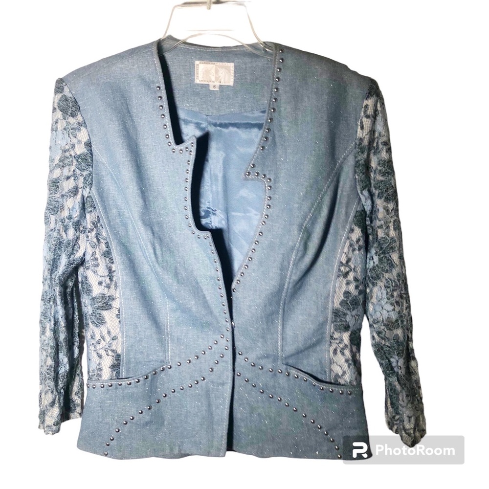 Alberto Makali light blue lightweight denim & lace studded jacket made i…